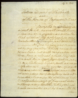 资料图:美国首任总统华盛顿在1789年的就职讲话稿。 点击进入下一页