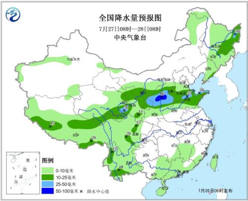 图4 全国降水量预报图(7月27日08时-28日08时)