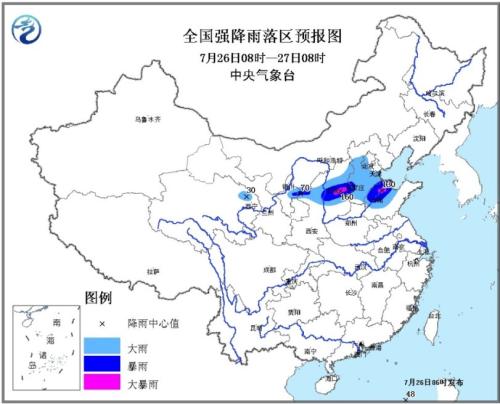 图1 全国强降雨落区预报图(7月26日08时-27日08时)