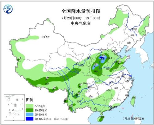 图5 全国降水量预报图(7月28日08时-29日08时)