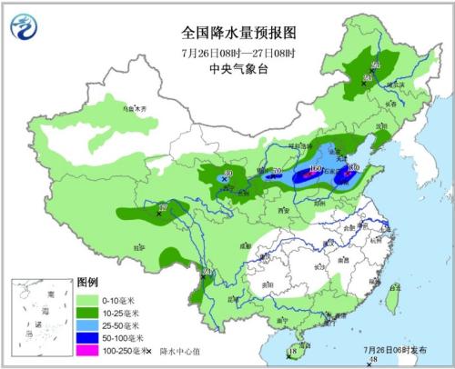 图3 全国降水量预报图(7月26日08时-27日08时)