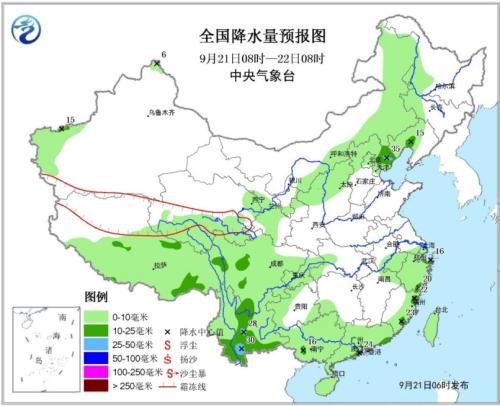 　　图1 全国降水量预报图(9月21日08时-22日08时)