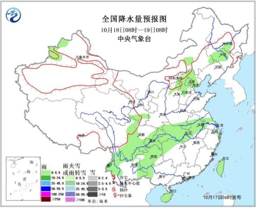 全国降水量预报图(10月18日08时-19日08时)