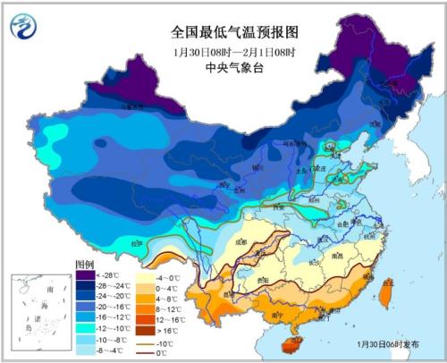 图1 全国最低气温预报图(1月30日08时-2月1日08时)