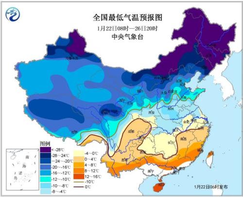 冷空气过程全国最低气温预报（1月22日08时-26日20时）