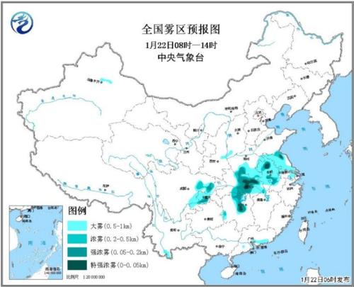 全国雾区预报图（1月22日08时-14时）