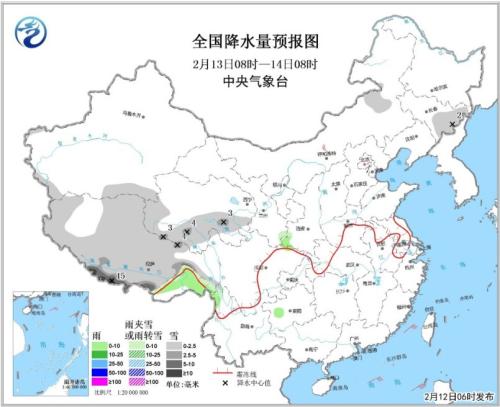 全国降水量预报图（2月13日08时-14日08时）