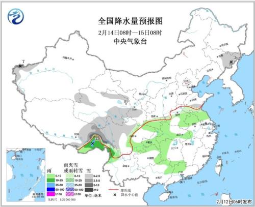 全国降水量预报图（2月14日08时-15日08时）