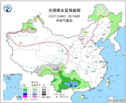 全国降水量预报图(3月27日08时-28日08时)