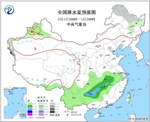 全国降水量预报图(3月13日08时-14日08时)