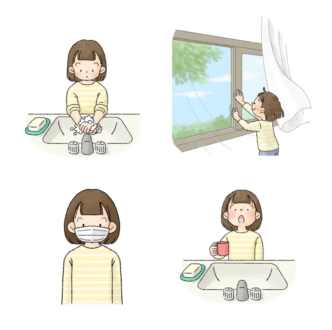 预防感染的插图(含漱液、洗手液、外科口罩、通风)(女孩).jpg 图片