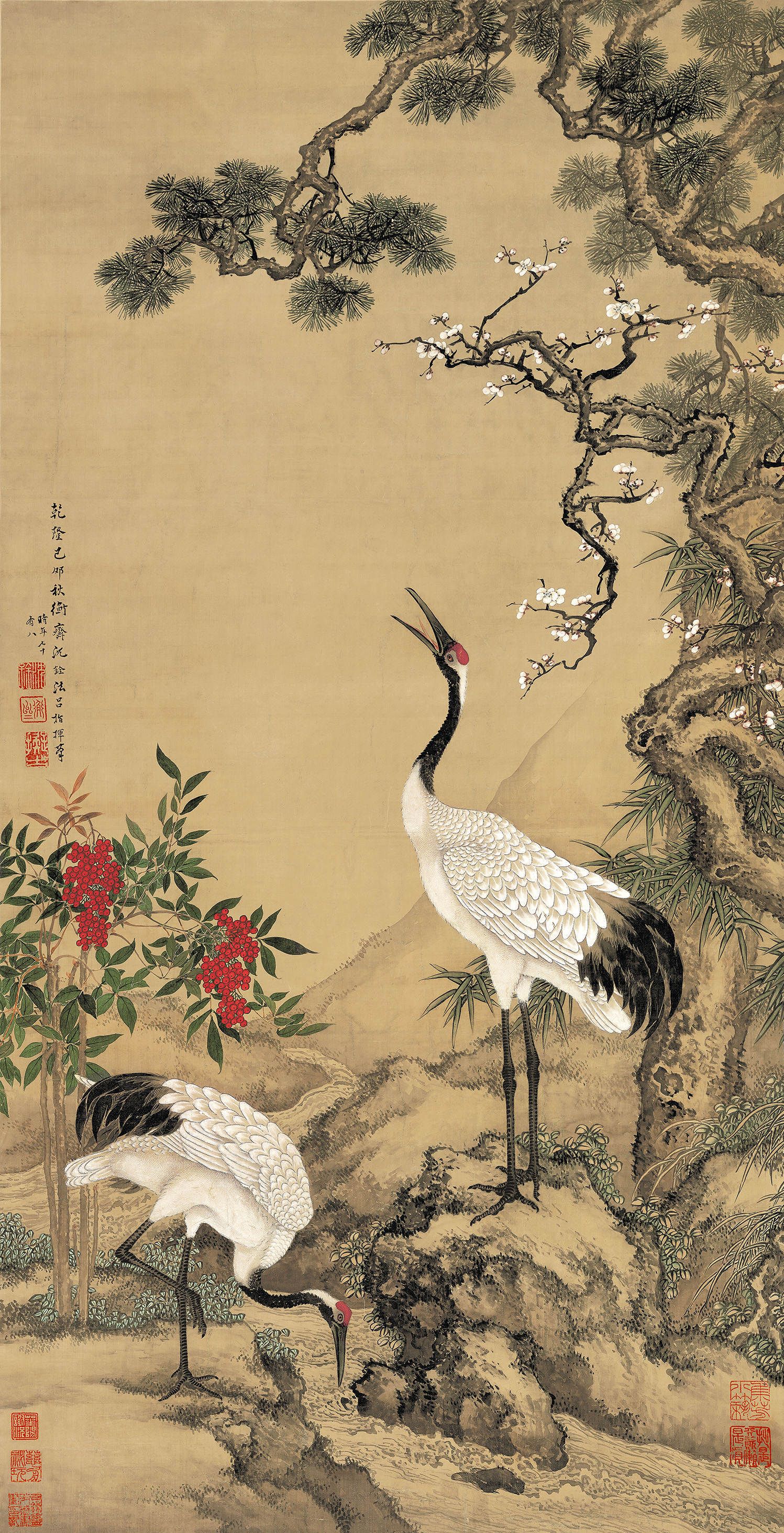 或引颈唳天,或俯身觅食之景,寄托了"福寿延绵,风怀清逸"的美好寓意