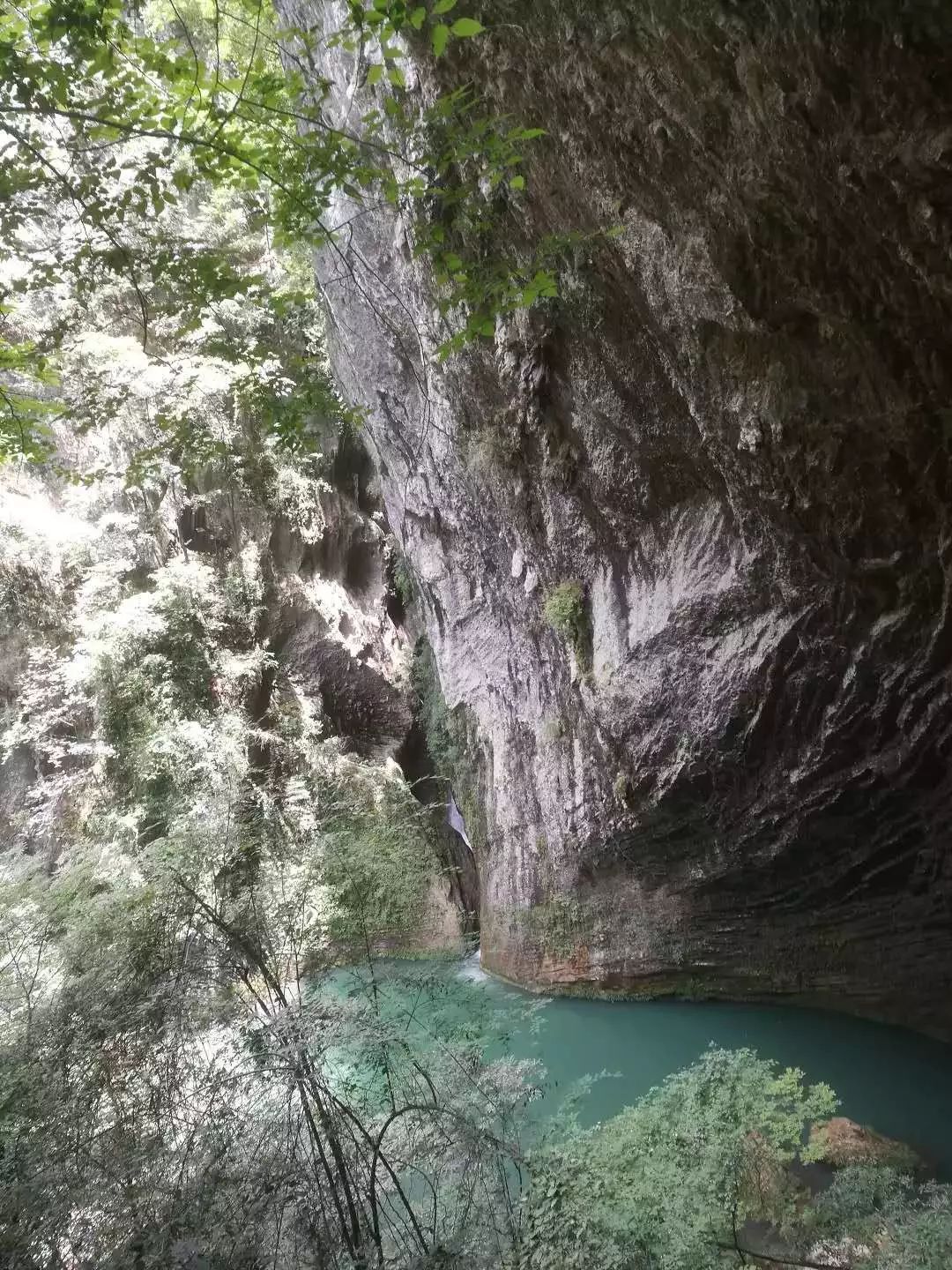 顺水再下约几百米又一百米长潭宽约一两米潭蜿蜒曲折潭水幽绿深不
