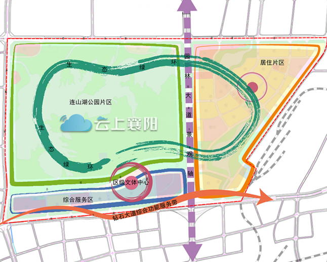 "三区":连山湖公园片区,居住片区,综合服务区