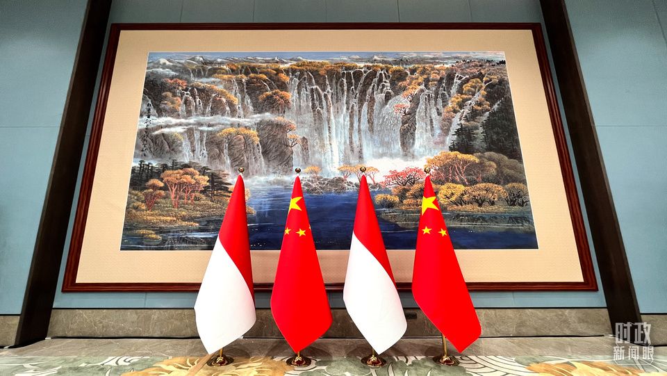 会见现场的中印尼两国国旗（总台央视记者张垚拍摄）