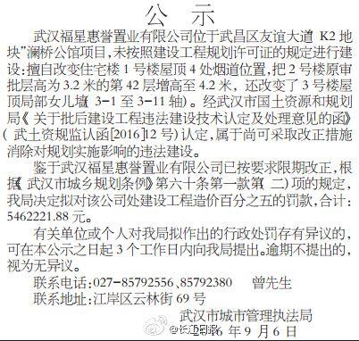 546余万元！ 武汉城管对福星惠誉开出高价罚单