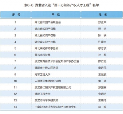 湖北省入选“百千万知识产权人才工程”名单