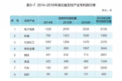 2014-2016年湖北省支柱产业专利排行榜