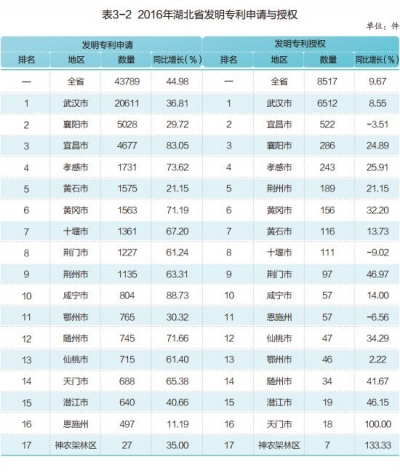 2016年湖北省发明专利申请与授权