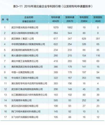 2016年湖北省企业专利排行榜