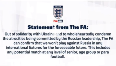 英足总：未来，英格兰不会在任何国际足球赛事中对阵俄罗斯