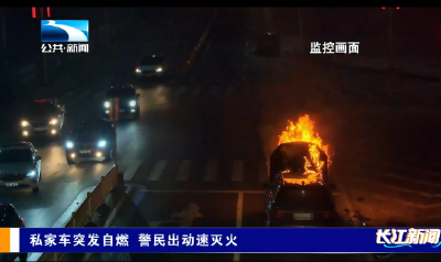 私家车突发自燃 警民出动速灭火