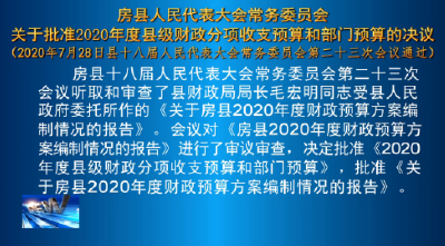 房县人民代表大会常务委员会关于批准2020年度县级财政分项收支预算和部门预算的决议