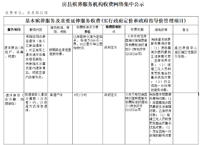 房县殡葬服务机构收费网络集中公示