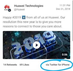 华为官方推特用iPhone发新年祝福 2名涉事员工降薪5000元