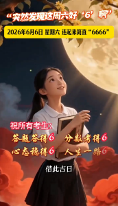 这个周六很特殊，有四个6连在一起，“6666”简直太顺了！祝所有考生：答题答得6，分数考得6，心态稳得6，人生一路6666