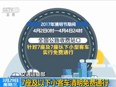 交通运输部：7座及以下小客车清明免费通行