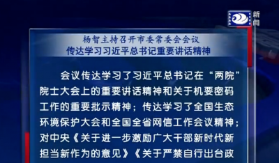 杨智主持召开市委常委会会议 传达学习习近平总书记重要讲话精神 研究部署生态文明建设等工作