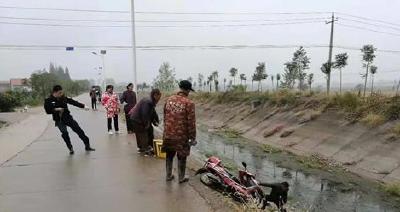 暖心！大雨中老人骑电动车落水 江陵警民合力救起