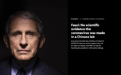 福奇反驳“实验室泄漏”论：没有证据显示病毒来自中国实验室 