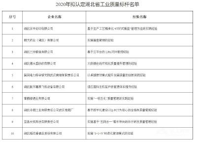 荆州一企业被认定为2020年湖北省工业质量标杆