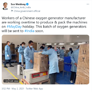“中国工人五一加班，制氧机将很快发往印度”