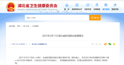湖北新增一例境外输入确诊病例
