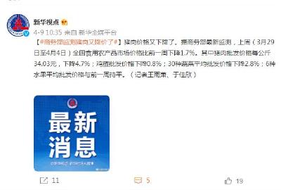 猪肉降价了！商务部监测上周猪肉批发价格下降4.7% 