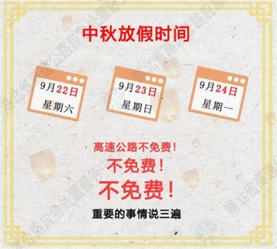 中秋假期高速公路不免费 预测这6个路段最拥堵