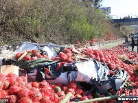 新车违规变道 遭一货车西瓜掩埋压扁