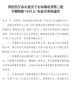 省经信厅办公室关于公布湖北省第三批专精特新“小巨人”企业名单的通告