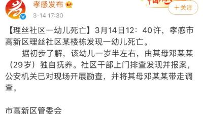 湖北孝感一幼儿死亡，其母被带走调查 