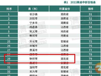 重磅！2022赛迪中部百强县发布 钟祥市上榜