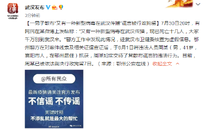 一男子散布“又有一种新型病毒在武汉传播”谣言被行政拘留