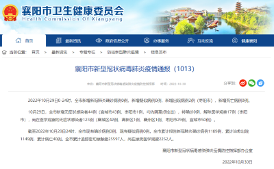 襄阳市新型冠状病毒肺炎疫情通报（1013） 