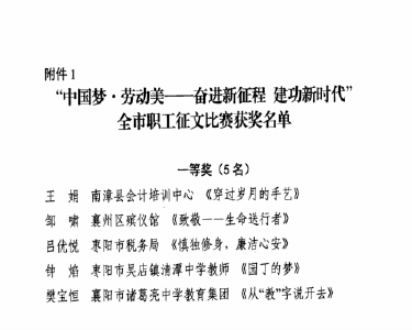 南漳县会计培训中心教师获全市职工征文比赛一等奖
