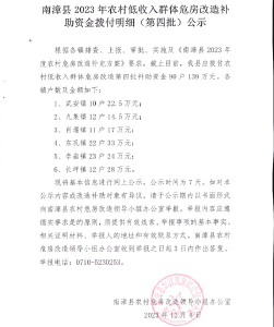 南漳县2023年农村低收入群体危房改造补助资金拨付明细（第四批）公示