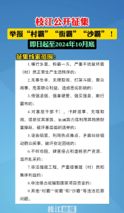 枝江市公开征集“村霸”“街霸”和“沙霸”等黑恶势力违法犯罪线索 