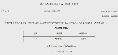 人民银行下调14天期逆回购操作利率10个基点