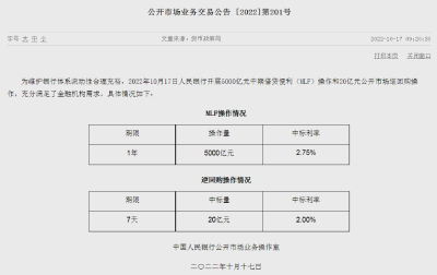 央行开展5000亿元MLF操作 利率不变 